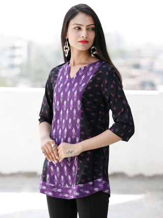 Black Purple Ivory Hand Woven Ikat Cotton Top  - T68F1855