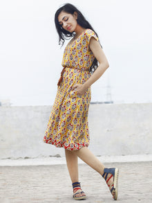 Yellow Red Ivory Blue Green Hand Block Cotton A-Line Dress With Tie-Up Waist And Side Pockets- D76F776