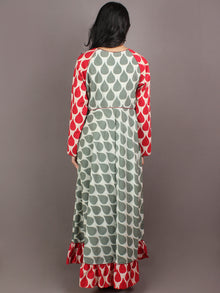 Sage Green Red Beige Hand Block Printed Long Cotton Dress With Gather - D0648713