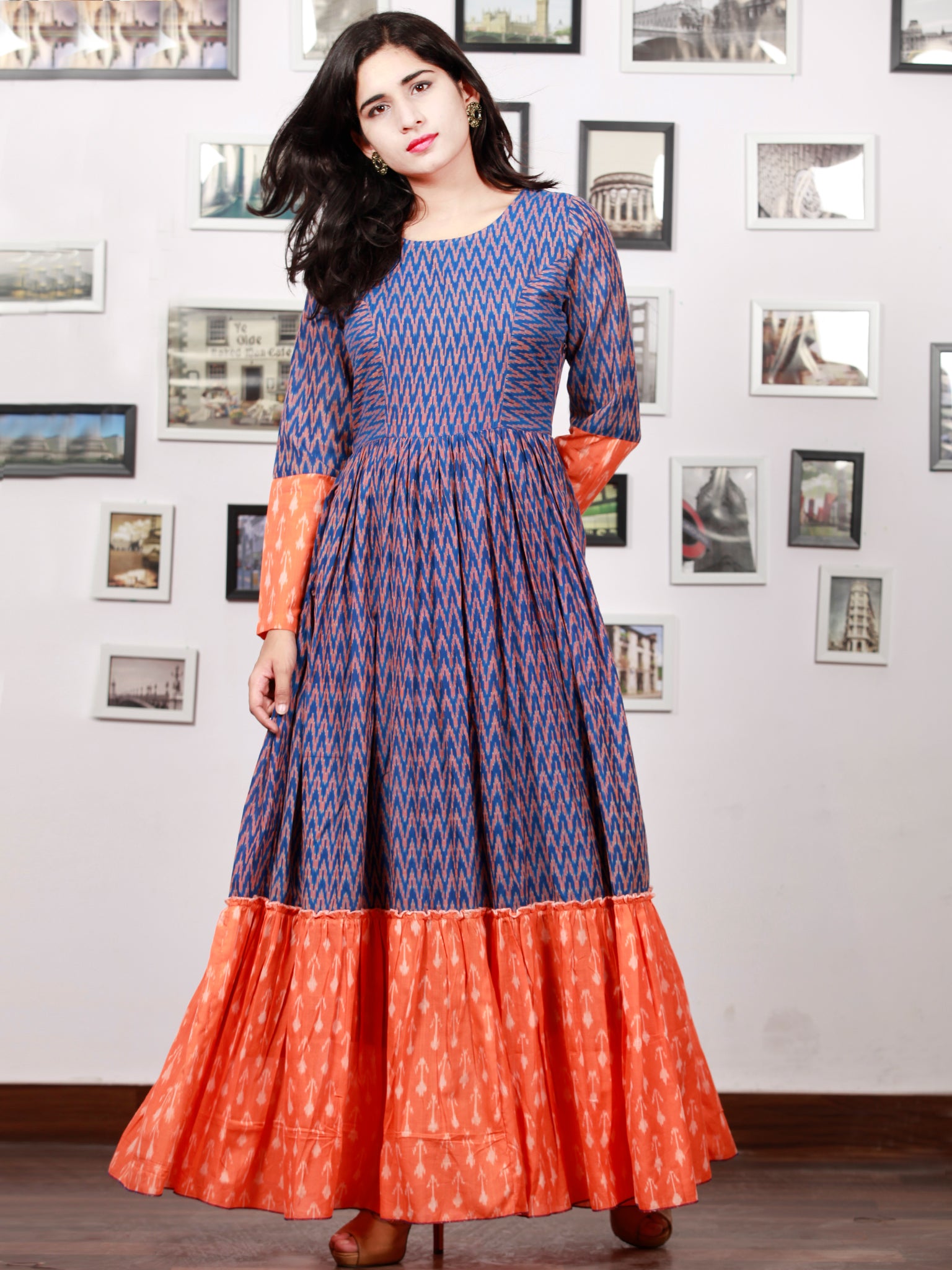 Ikat Dress Princess Line Dress Designs Royal Blue Orange Hand Woven Cotton Mercerized Ikat Princess Cut Ikat Dress Princess Line Dress Designs Royal Blue Orange Hand Woven Cotton Mercerized Ikat Princess Cut