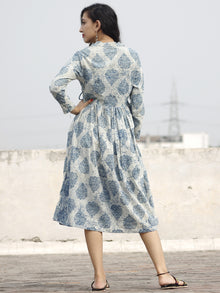 Teal Ivory Hand Block Printed Cotton Angrakha Dress With Gathers - D94F389