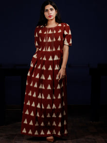 Reddish Brown Ivory Long Ikat Knife Pleated Dress With Side Pockets - D312F1564