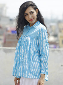 Sky Blue White Hand Woven Ikat Front Open Top  - T20F914