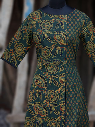 Green Black Yellow Orange Ajrakh Hand Block Printed Kurta With Front Slit - K61BP066