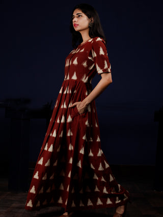 Reddish Brown Ivory Long Ikat Knife Pleated Dress With Side Pockets - D312F1564