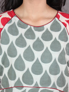 Sage Green Red Beige Hand Block Printed Long Cotton Dress With Gather - D0648713