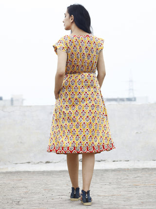 Yellow Red Ivory Blue Green Hand Block Cotton A-Line Dress With Tie-Up Waist And Side Pockets- D76F776