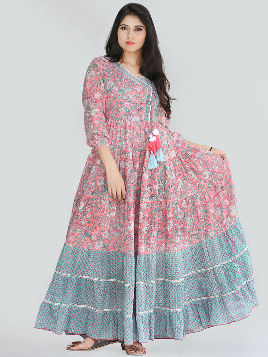 Gulzar Nohreen - Coral Hand Block Printed Tiered Long Angrakha Dress With Lace & Tassels - D409F2168