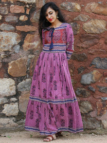 Naaz Lavender Chorus - Hand Block Printed Long Cotton Tier Dress - DS69F001