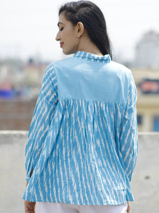 Sky Blue White Hand Woven Ikat Front Open Top  - T20F914