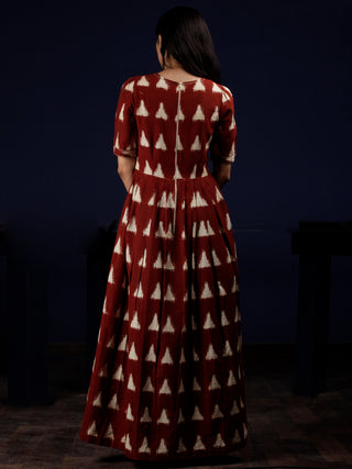 Reddish Brown Ivory Long Ikat Knife Pleated Dress With Side Pockets - D312F1564