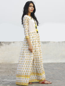 Naaz Ivory Orange Green Yellow Hand Block Printed Dress With Tassels -  DS37F001