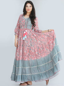 Gulzar Nohreen - Coral Hand Block Printed Tiered Long Angrakha Dress With Lace & Tassels - D409F2168
