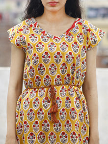 Yellow Red Ivory Blue Green Hand Block Cotton A-Line Dress With Tie-Up Waist And Side Pockets- D76F776