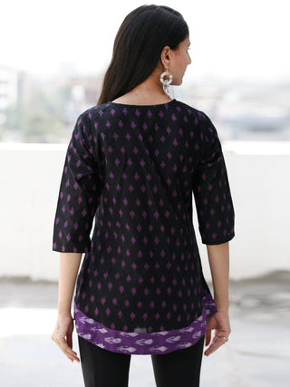 Black Purple Ivory Hand Woven Ikat Cotton Top  - T68F1855