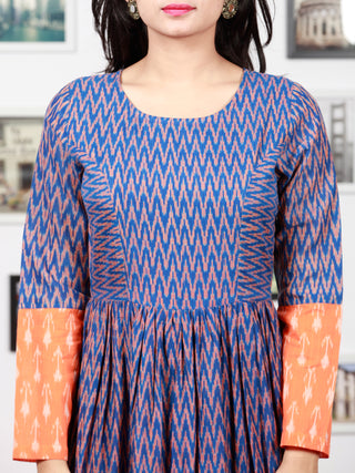 Royal Blue Orange Hand Woven Cotton Mercerized  Ikat Princess Cut Cotton Long Tier Dress - D175F1276