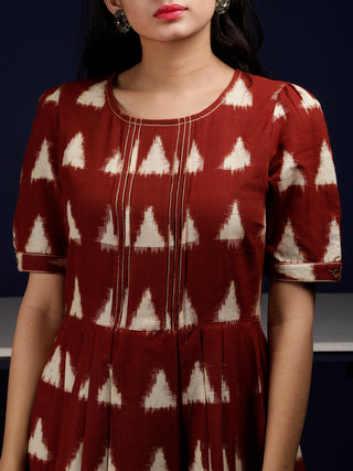 Reddish Brown Ivory Long Ikat Knife Pleated Dress With Side Pockets - D312F1564