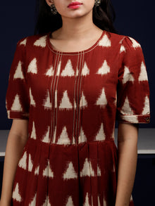 Reddish Brown Ivory Long Ikat Knife Pleated Dress With Side Pockets - D312F1564