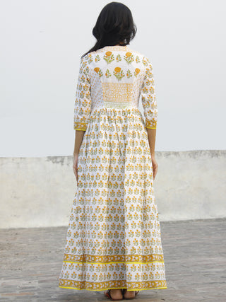 Naaz Ivory Orange Green Yellow Hand Block Printed Dress With Tassels -  DS37F001