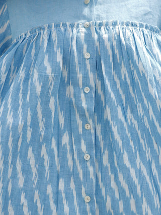 Sky Blue White Hand Woven Ikat Front Open Top  - T20F914