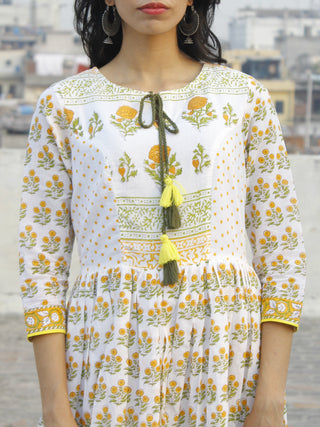 Naaz Ivory Orange Green Yellow Hand Block Printed Dress With Tassels -  DS37F001