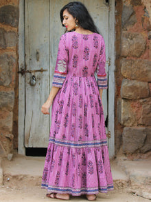Naaz Lavender Chorus - Hand Block Printed Long Cotton Tier Dress - DS69F001