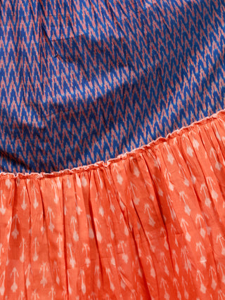 Royal Blue Orange Hand Woven Cotton Mercerized  Ikat Princess Cut Cotton Long Tier Dress - D175F1276