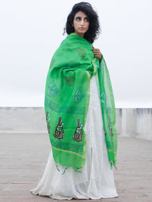 Green Brown Chanderi Hand Black Printed & Hand Painted Dupatta - D04170294