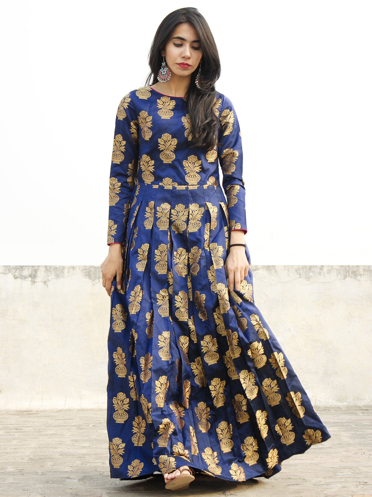 Royal Blue Golden Long Floor Length Dress With Box Pleats - D133F001 InduBindu Royal Blue Golden Long Floor Length Dress With Box Pleats - D133F001 InduBindu