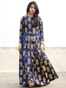 Royal Blue Golden Long Floor Length Dress With Box Pleats - D133F001
