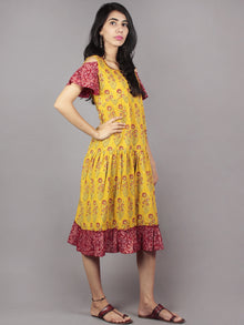 Mustard Maroon Black Ivory Ajrakh Block Mughal Printed Tier Cotton Dress With Cold Shoulders  - D60F623