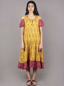 Mustard Maroon Black Ivory Ajrakh Block Mughal Printed Tier Cotton Dress With Cold Shoulders  - D60F623