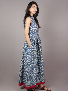 Indigo Ivory Black Red Long Sleeveless Hand Block Printed Cotton Dress With Knife Pleats & Side Pockets - D46F607