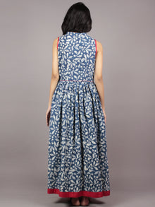 Indigo Ivory Black Red Long Sleeveless Hand Block Printed Cotton Dress With Knife Pleats & Side Pockets - D46F607