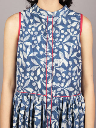 Indigo Ivory Black Red Long Sleeveless Hand Block Printed Cotton Dress With Knife Pleats & Side Pockets - D46F607