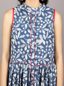 Indigo Ivory Black Red Long Sleeveless Hand Block Printed Cotton Dress With Knife Pleats & Side Pockets - D46F607
