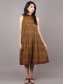 Brown Multi Color Handwoven Ikat Cotton Sleeveless Dress With Stand Collar With Pleats - D53F732