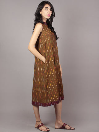 Brown Multi Color Handwoven Ikat Cotton Sleeveless Dress With Stand Collar With Pleats - D53F732