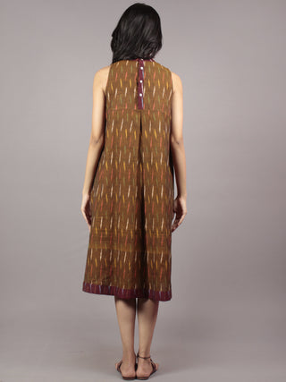 Brown Multi Color Handwoven Ikat Cotton Sleeveless Dress With Stand Collar With Pleats - D53F732
