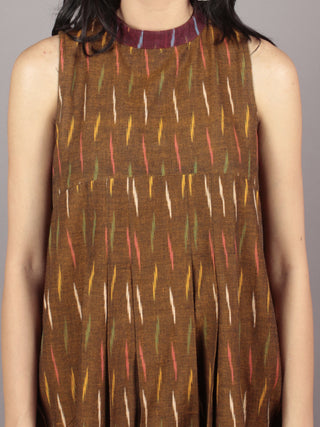 Brown Multi Color Handwoven Ikat Cotton Sleeveless Dress With Stand Collar With Pleats - D53F732