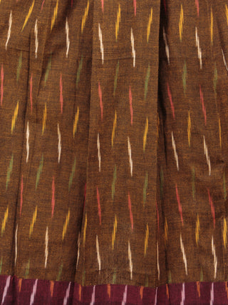 Brown Multi Color Handwoven Ikat Cotton Sleeveless Dress With Stand Collar With Pleats - D53F732