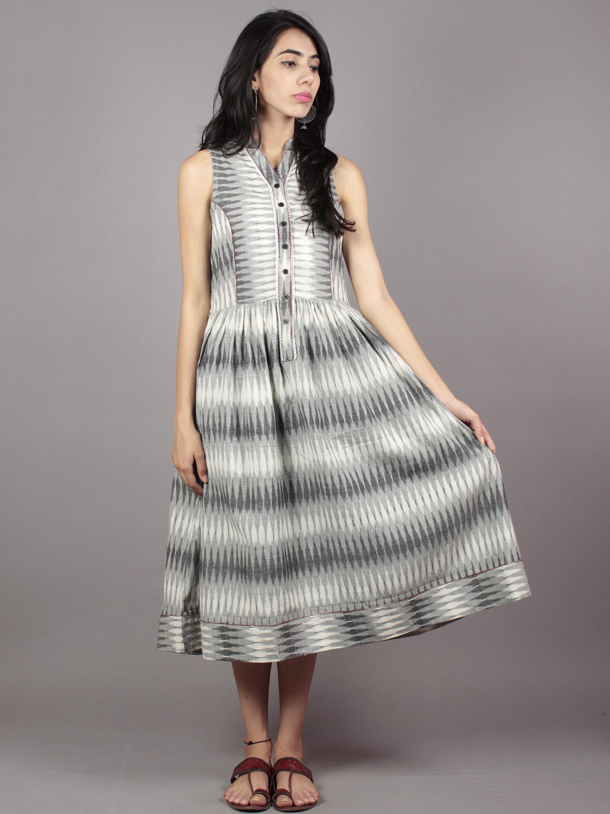 Grey Ivory Handwoven Ikat Cotton Sleeveless Dress With Princess Line & Side Pockets - D61F718