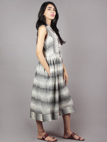 Grey Ivory Handwoven Ikat Cotton Sleeveless Dress With Princess Line & Side Pockets - D61F718