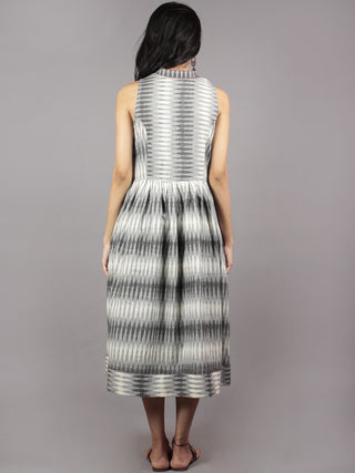 Grey Ivory Handwoven Ikat Cotton Sleeveless Dress With Princess Line & Side Pockets - D61F718