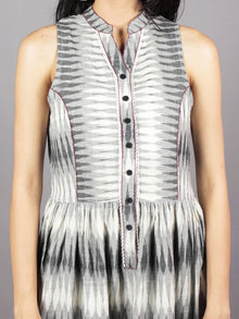 Grey Ivory Handwoven Ikat Cotton Sleeveless Dress With Princess Line & Side Pockets - D61F718