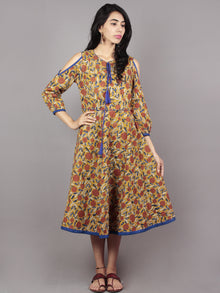 Mustard Brown Indigo Ivory Hand Block Printed Half Circular Cold Shoulders Cotton Dress With Tassels - D62F586