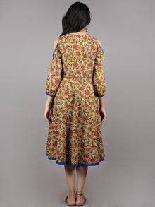 Mustard Brown Indigo Ivory Hand Block Printed Half Circular Cold Shoulders Cotton Dress With Tassels - D62F586