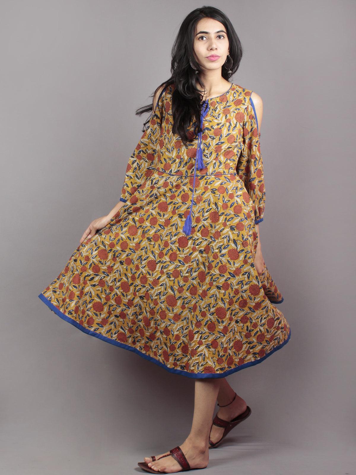 Mustard Brown Indigo Ivory Hand Block Printed Half Circular Cold Shoulders Cotton Dress With Tassels - D62F586