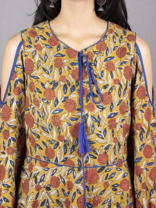 Mustard Brown Indigo Ivory Hand Block Printed Half Circular Cold Shoulders Cotton Dress With Tassels - D62F586