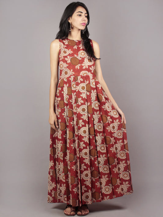 Red Beige Brown Black Long Sleeveless Hand Block Mughal Printed Cotton Dress With Knife Pleats & Side Pockets - D32F581